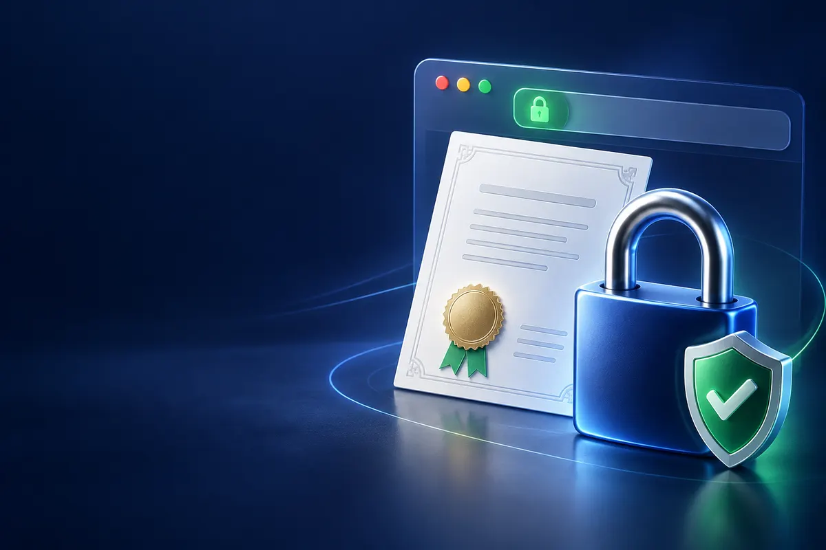 Certificado SSL, navegador seguro y candado cerrado protegiendo un sitio web