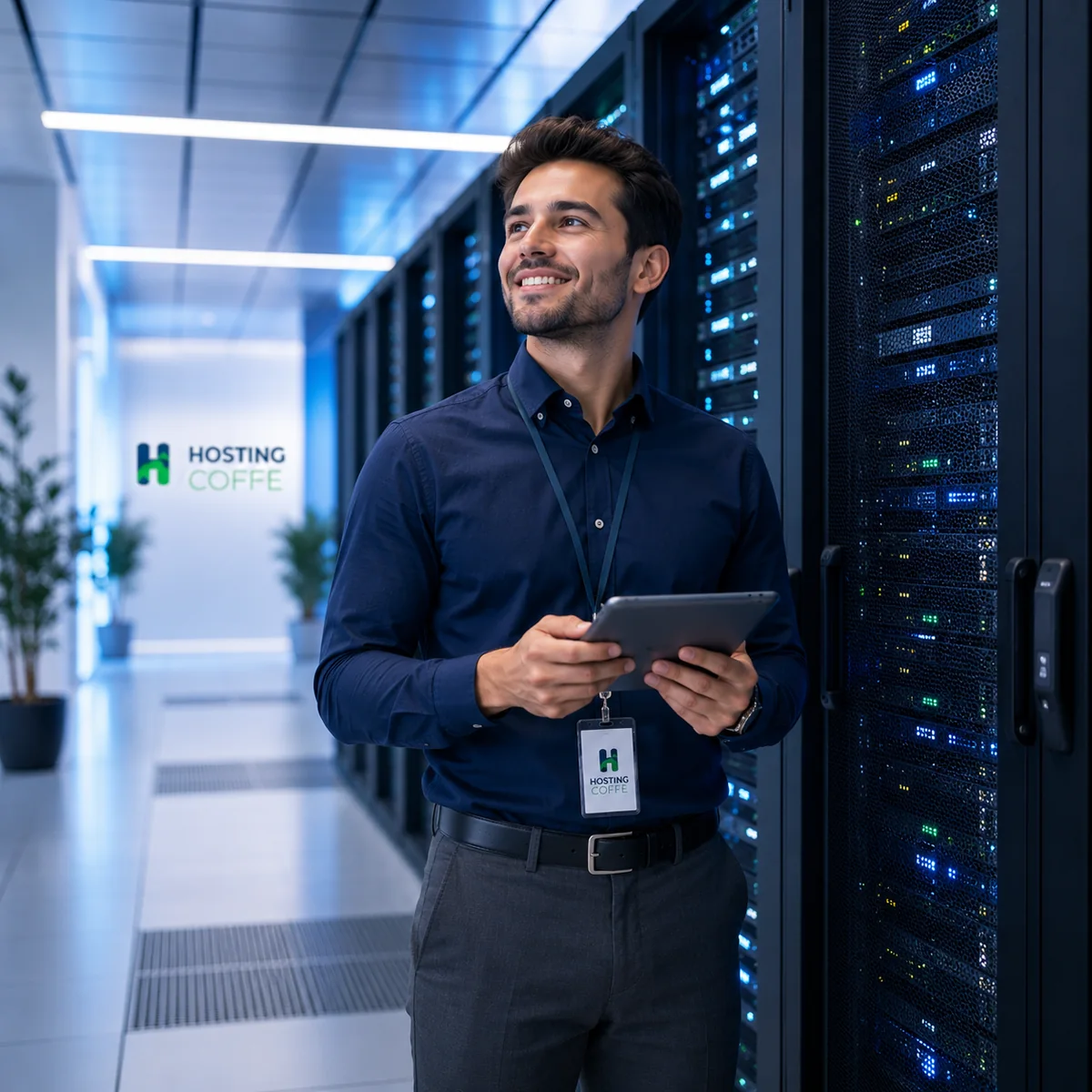 A Hosting Coffe team member smiling with a tablet in a data centre