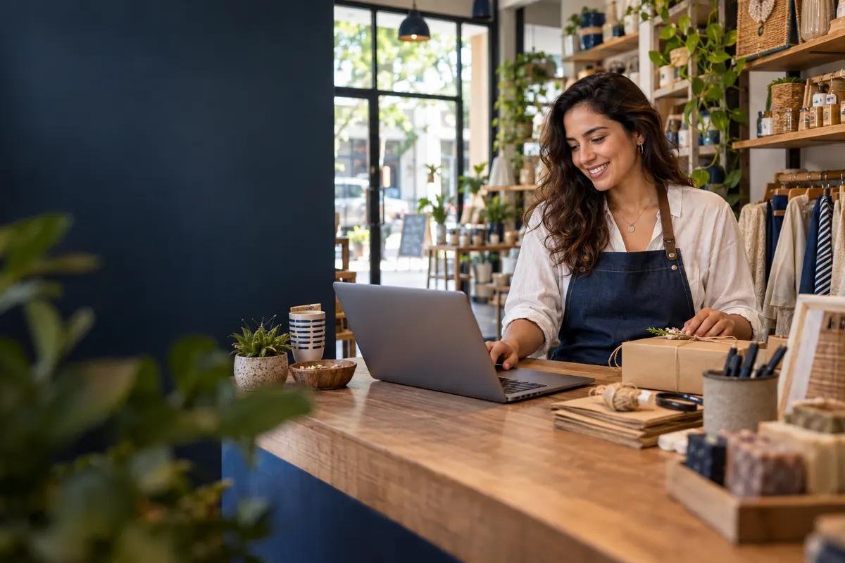 Propietaria de una tienda gestionando su presencia digital y pedidos desde un portátil