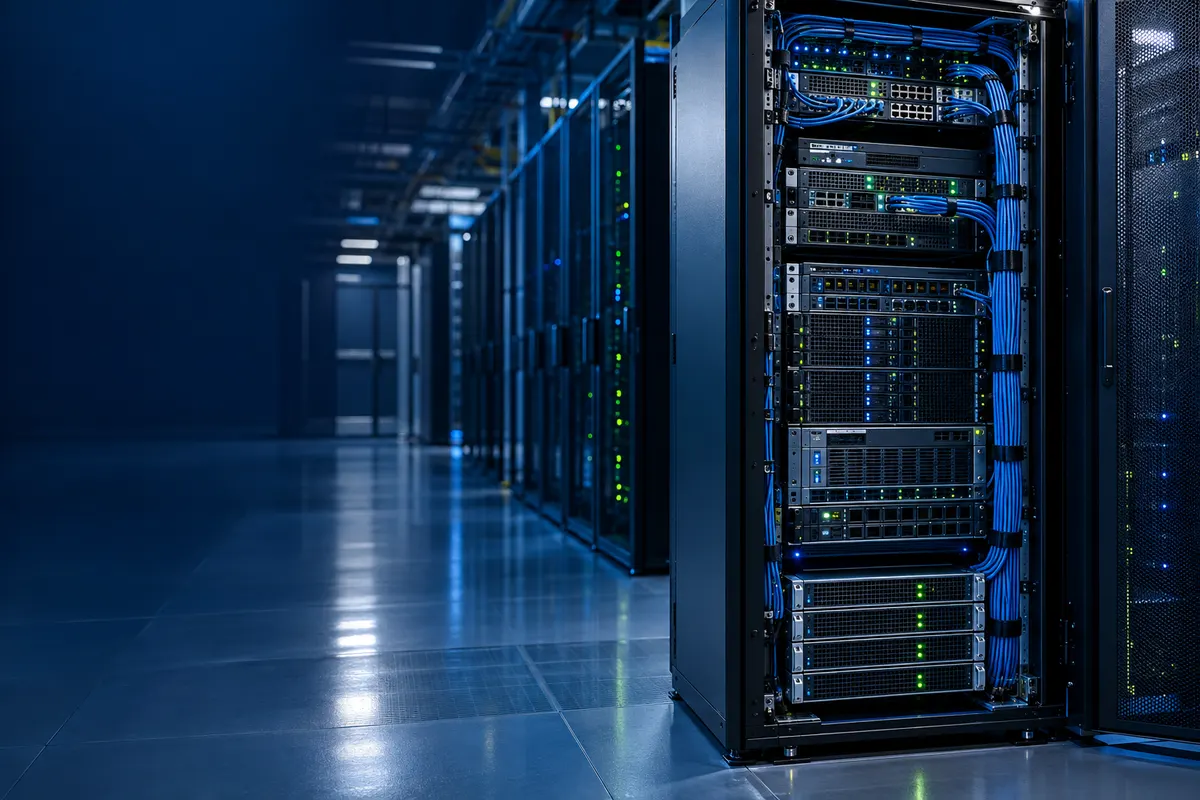 Rack de servidor dedicado empresarial con cableado organizado