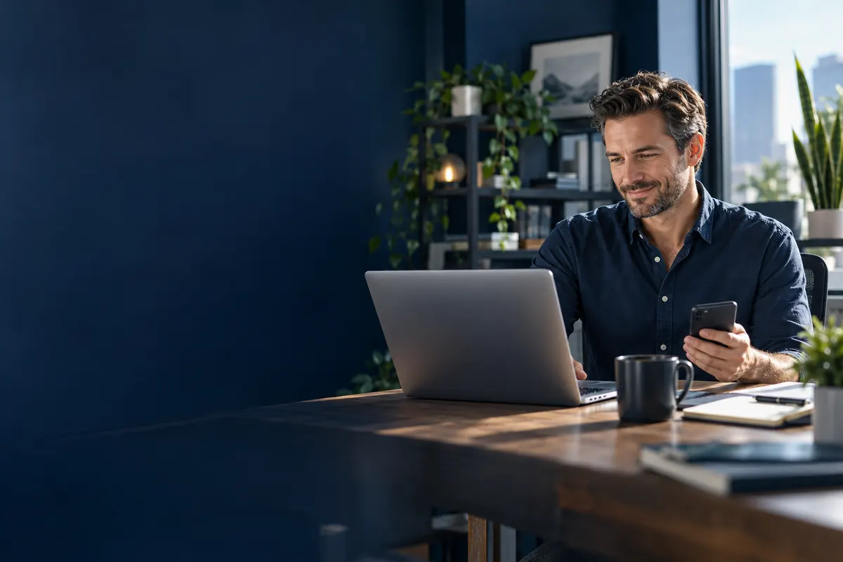 United States small-business owner managing online growth from a modern office