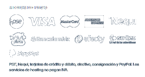 PSE, Visa, Mastercard, American Express, Nequi, Daviplata, Bancolombia, Efecty, Su Red y PayPal.