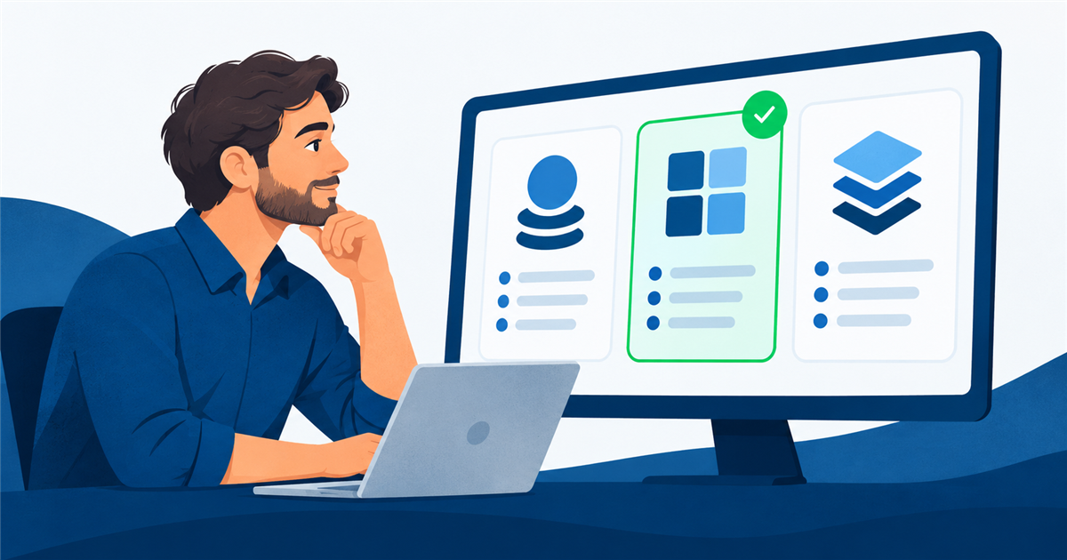 Persona comparando opciones de hosting Linux, Windows y WordPress en una pantalla